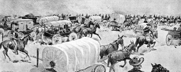 La gran carrera al mediodía del 16 de septiembre: mirando al este a lo largo de la línea sur de la Reserva Escolar India, 1893